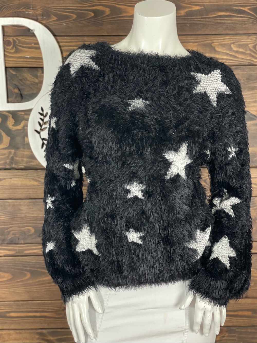 Cotton Emporium | Black & White Patriotic Stars Fuzzy Eyelash Knit Sweater